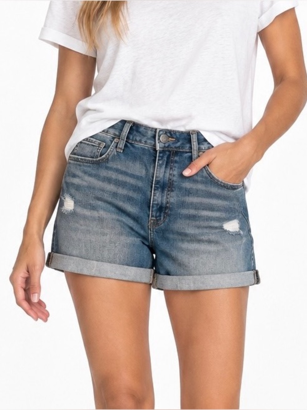 Kut from the Kloth High Rise Distressed Stretch Denim Shorts Cuffed 12